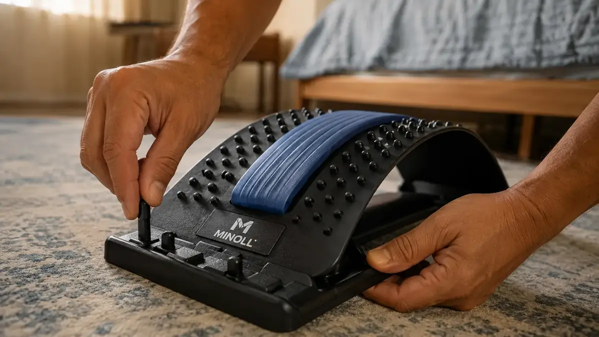 Close-up of hands adjusting the level pegs on the MINOLL back stretcher before use