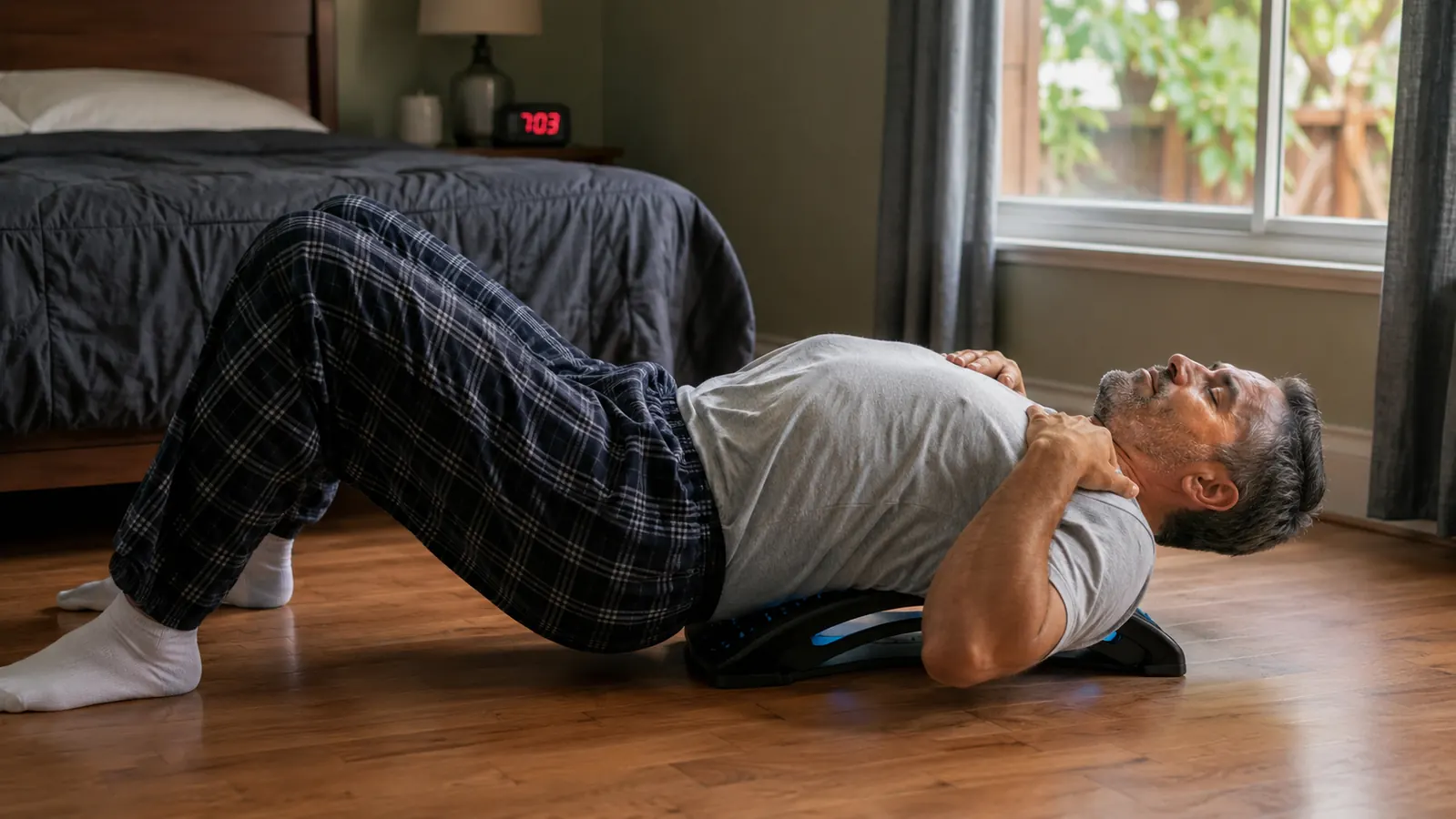 Middle-aged man lying on the floor with his lower back arched over an adjustable back stretcher arc in a bedroom in early morning light