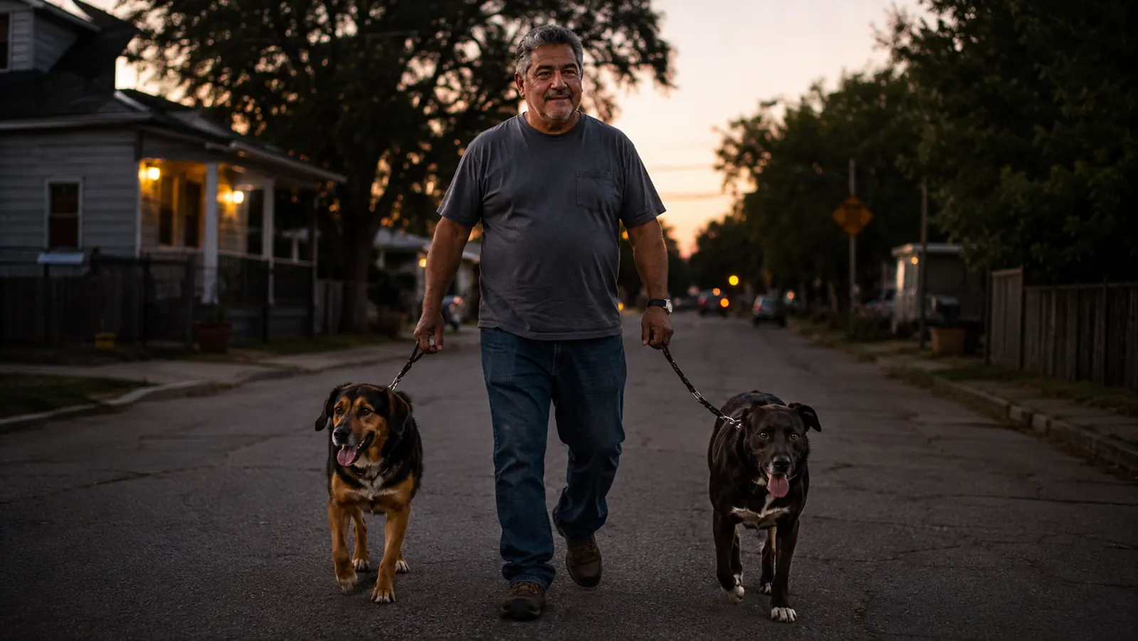 Driver walking two dogs on a quiet street in the evening after a long shift
