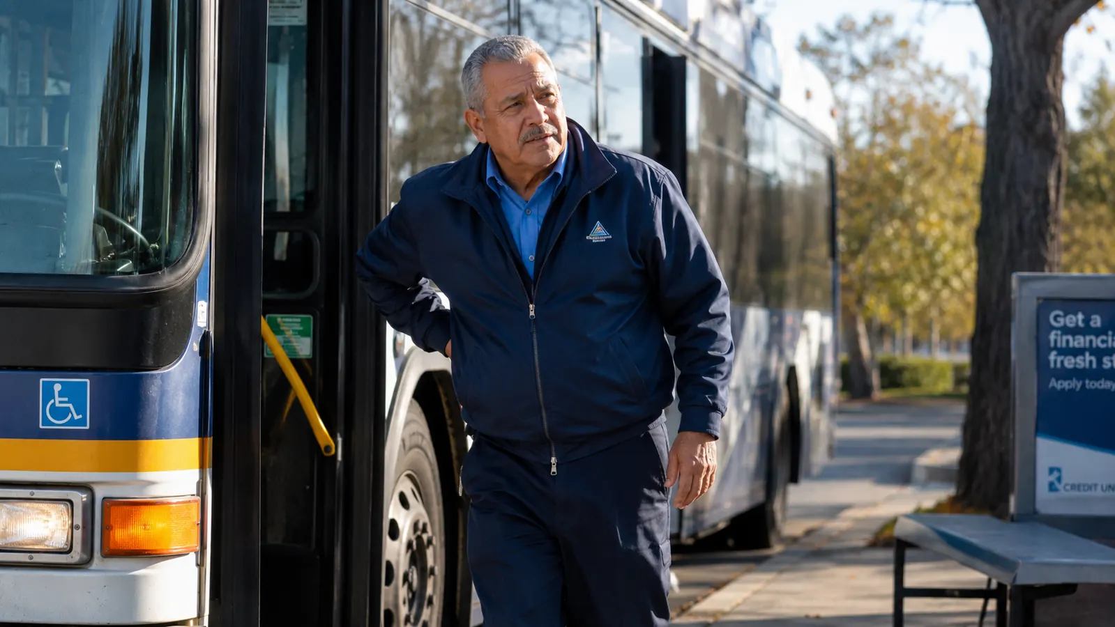 City bus driver in uniform stretching his lower back beside the driver's seat during a break