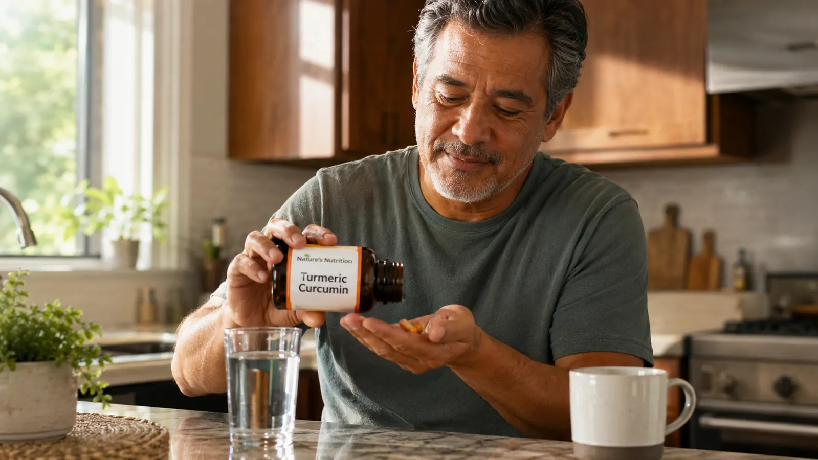Hand shaking a Nature's Nutrition Turmeric Curcumin capsule into a palm next to a glass of water on a kitchen counter