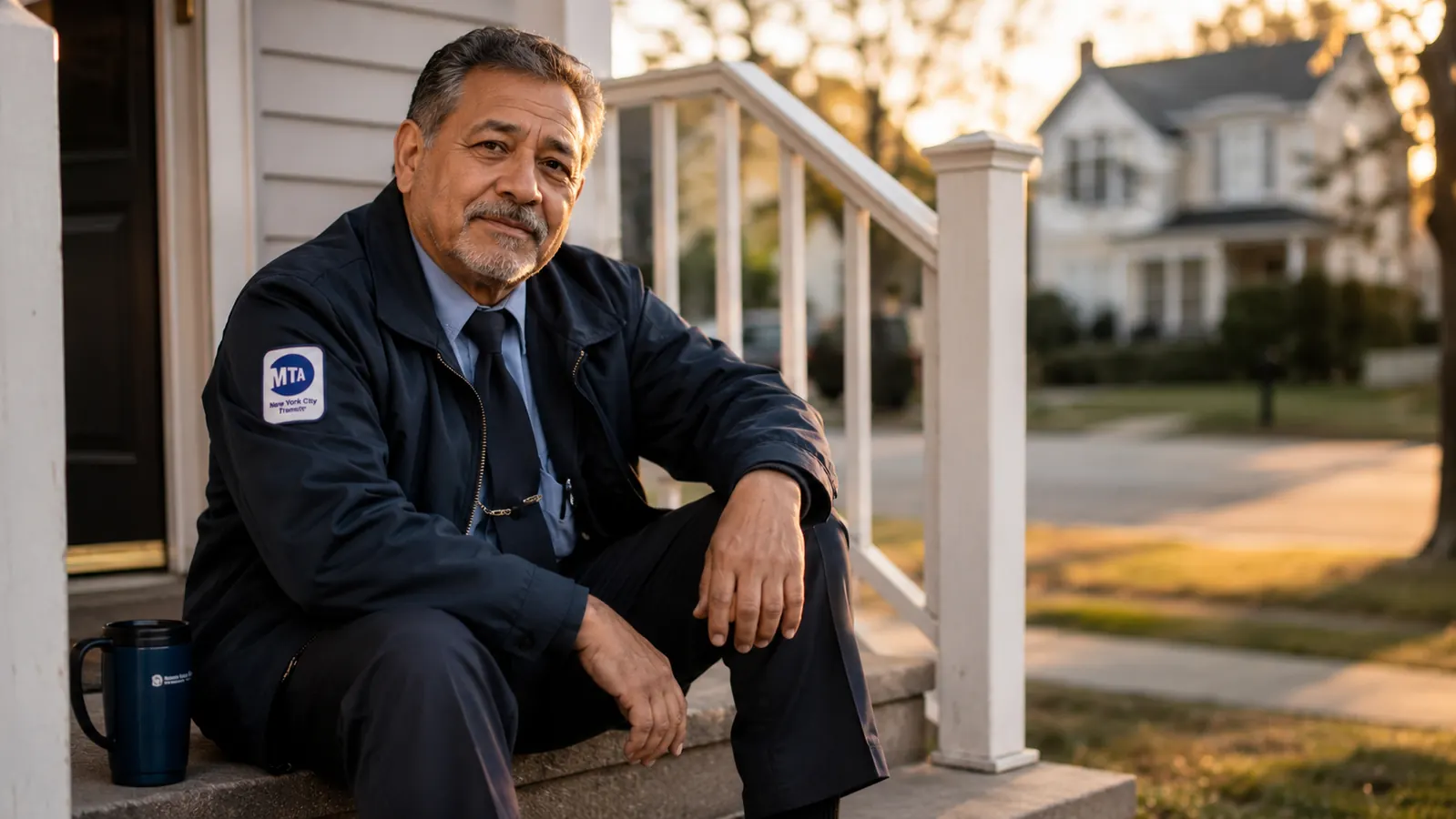 Middle-aged bus driver rubbing his knee while sitting on his porch steps before a shift, coffee mug beside him
