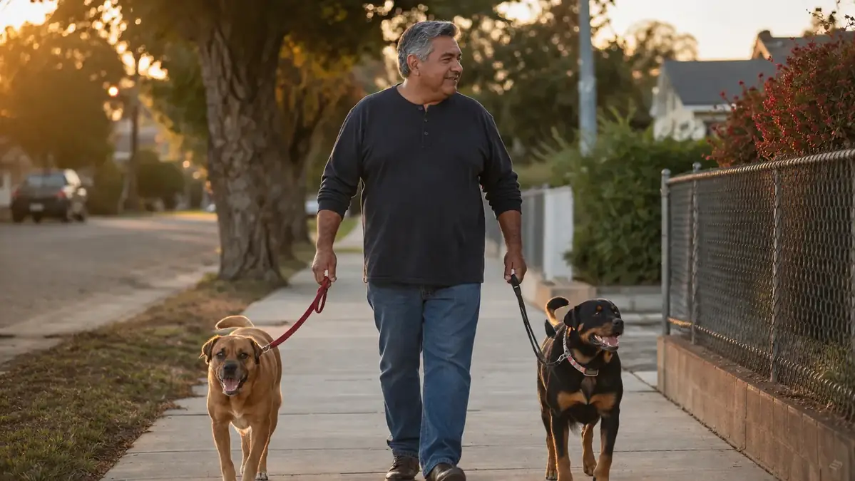 Man walking two dogs on a neighborhood sidewalk in the evening after finishing a work shift