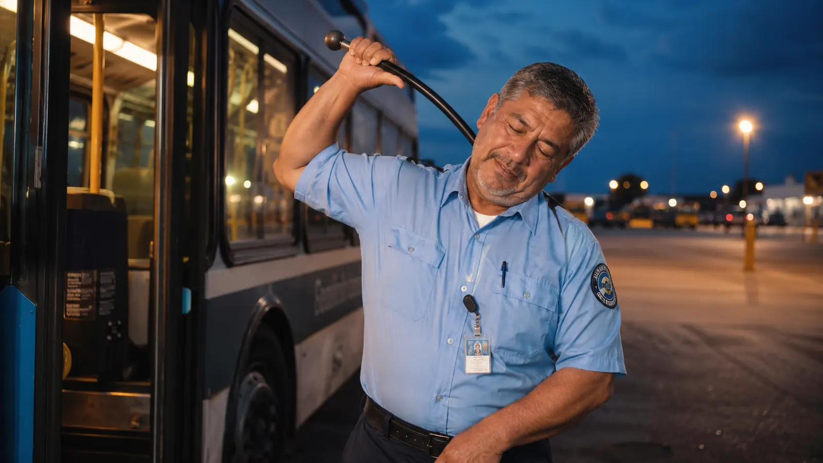 Middle-aged bus driver in uniform using a Body Back Buddy massage cane on his upper back after finishing a shift