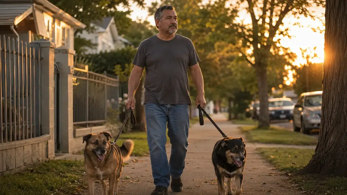A man walking two dogs on a quiet residential sidewalk in early evening light