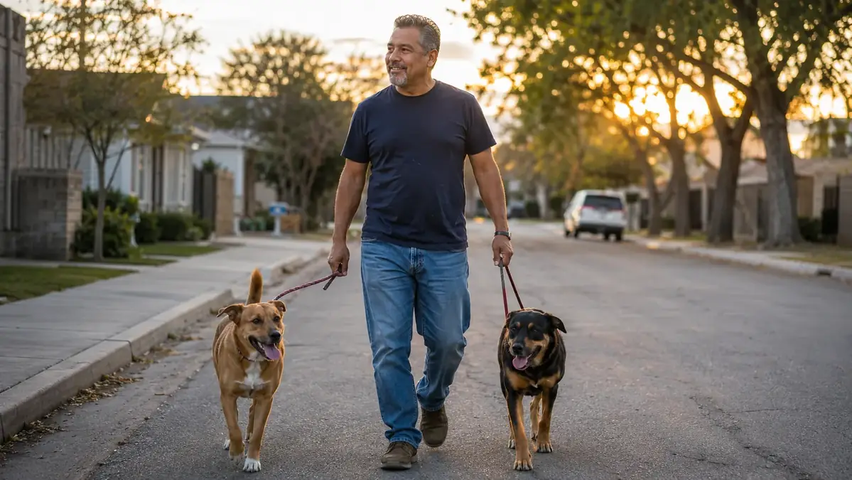 Man walking two dogs on a quiet neighborhood street in early morning light after finishing a shift