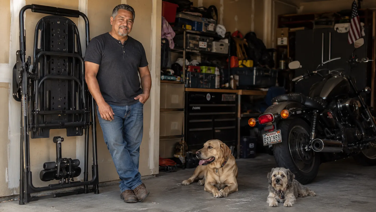 Man standing upright and relaxed next to a folded inversion table in a garage, two dogs resting nearby