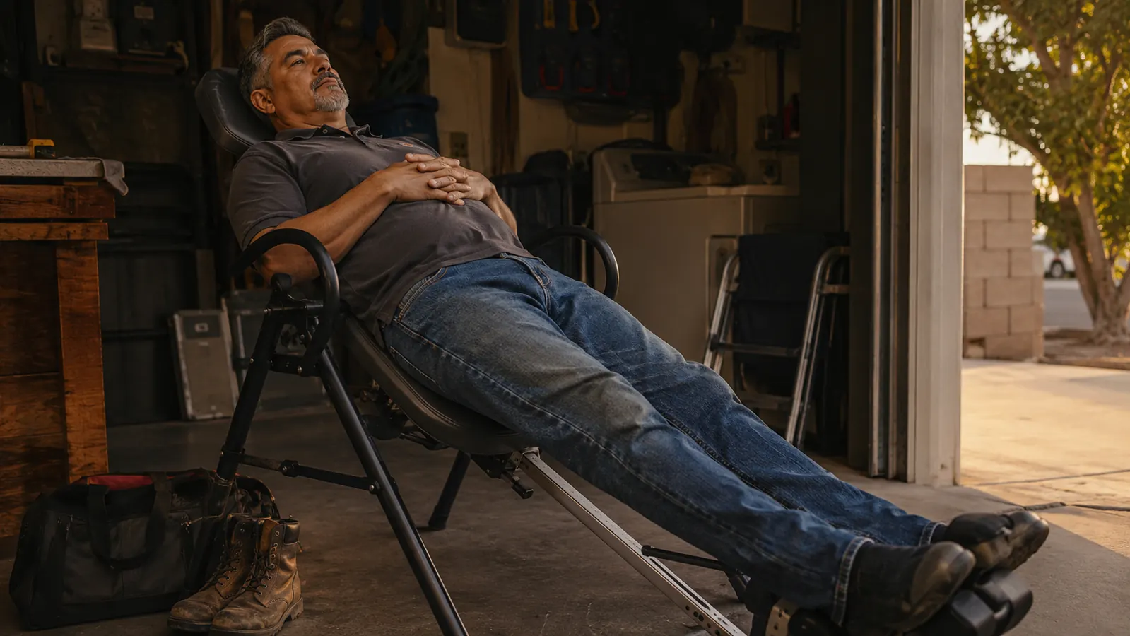 Middle-aged man in work clothes inverted at a shallow angle on a black and orange inversion table in a garage