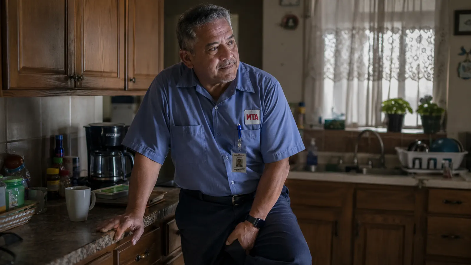 A tired-looking bus driver in uniform stretching his knee in the dim early morning light of a kitchen