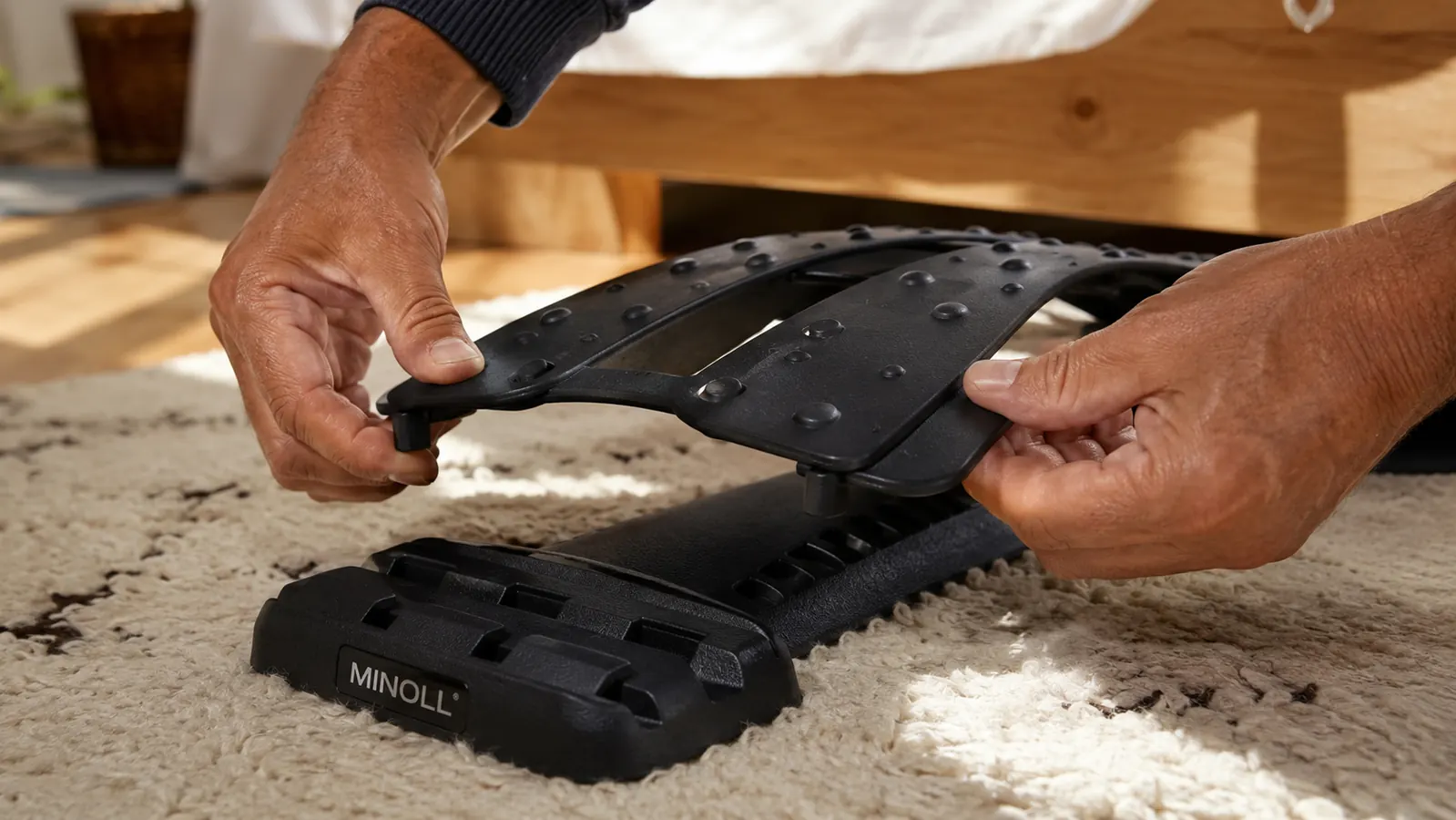 Close-up of hands stacking the adjustable arch pieces of the MINOLL back stretcher to change the curve height
