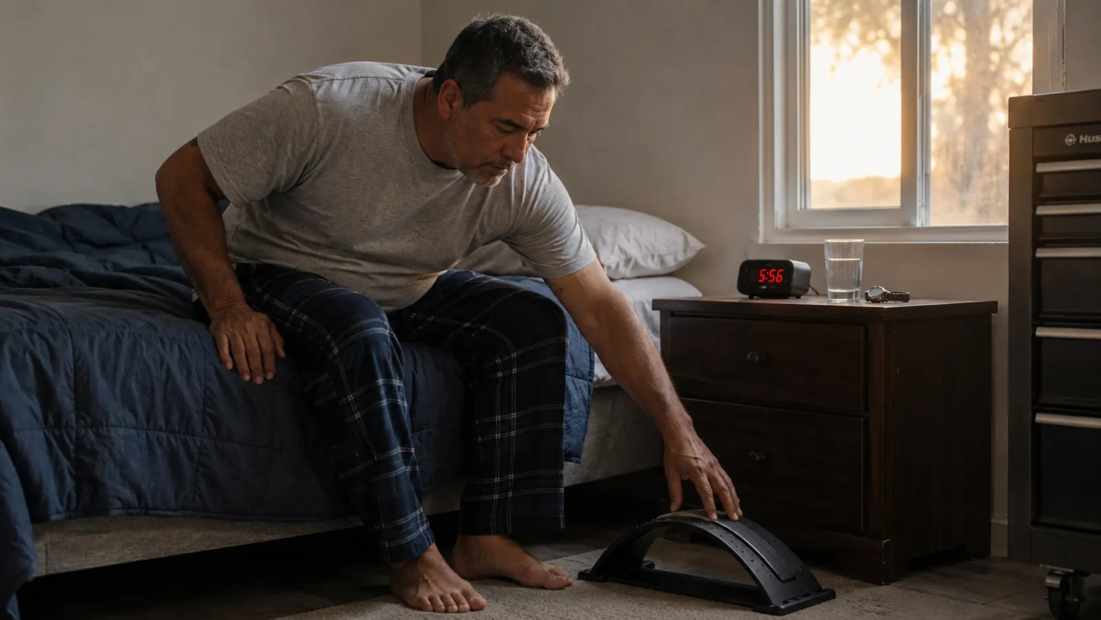 Middle-aged man sitting up on the edge of a bed at dawn, reaching down toward a curved back stretcher arc positioned on the floor