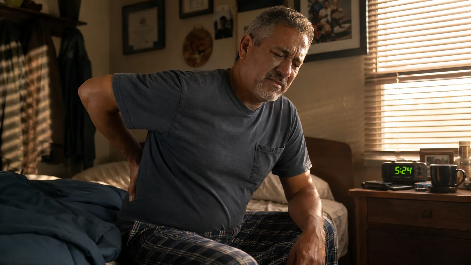 A tired 56-year-old man sitting on the edge of his bed at dawn, one hand pressed to his lower back before getting up