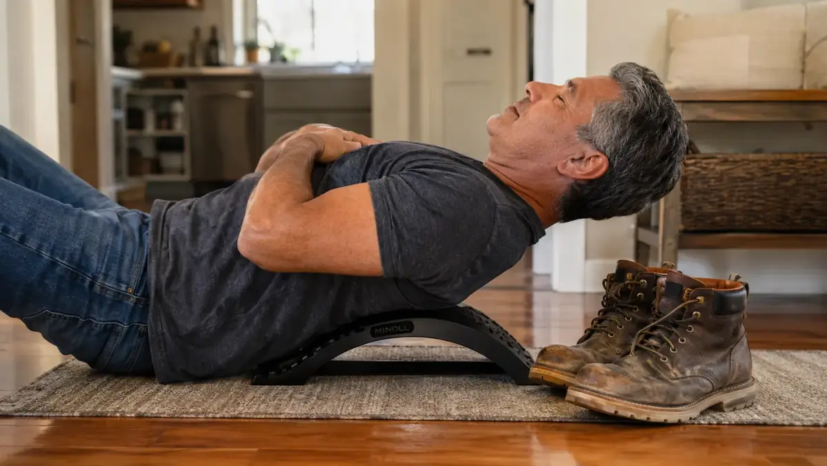 Close-up of a black adjustable back stretcher arch resting on a small rug next to a pair of worn work boots to show real scale