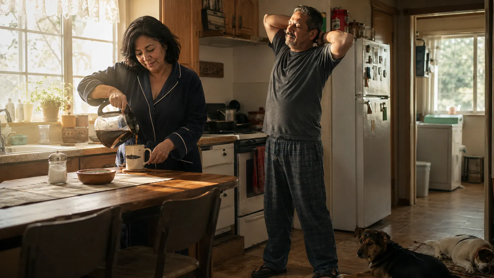 Man and woman in a warm kitchen in early morning light, one gently stretching while the other pours coffee, with two dogs resting nearby