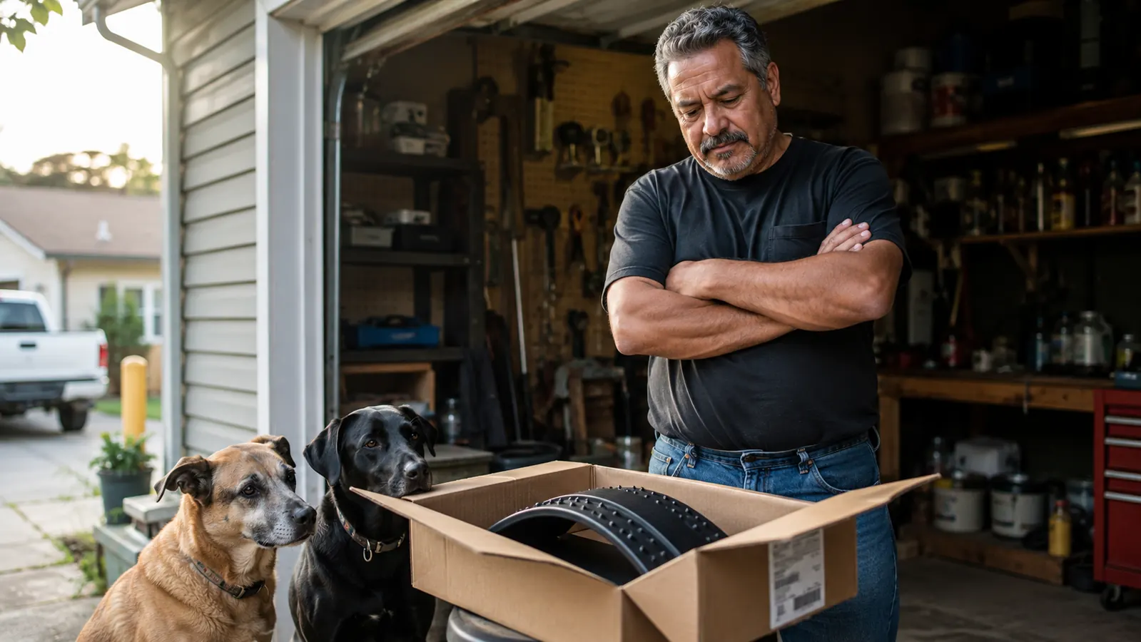 Middle-aged man standing in a garage doorway with arms crossed, looking skeptically at an open box containing a black adjustable back stretcher, with two dogs nearby