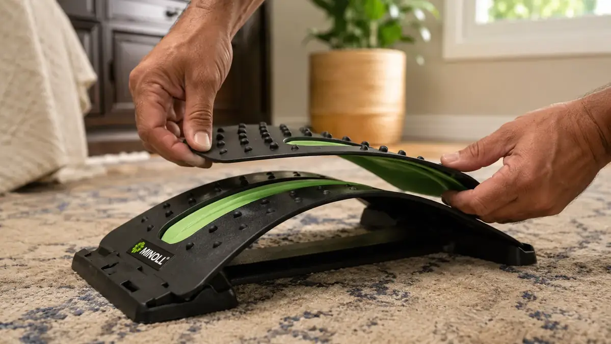 Close-up of hands adjusting the removable arch pieces on a MINOLL back stretcher to change the curve height