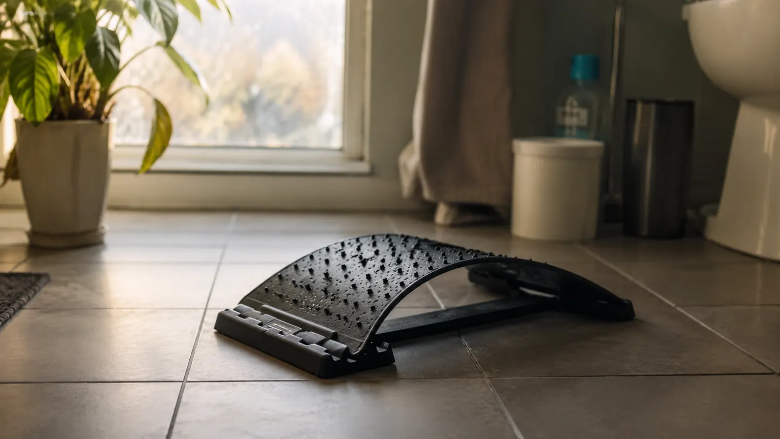 An adjustable back stretcher arc sitting on a bathroom floor in early morning light before a work shift