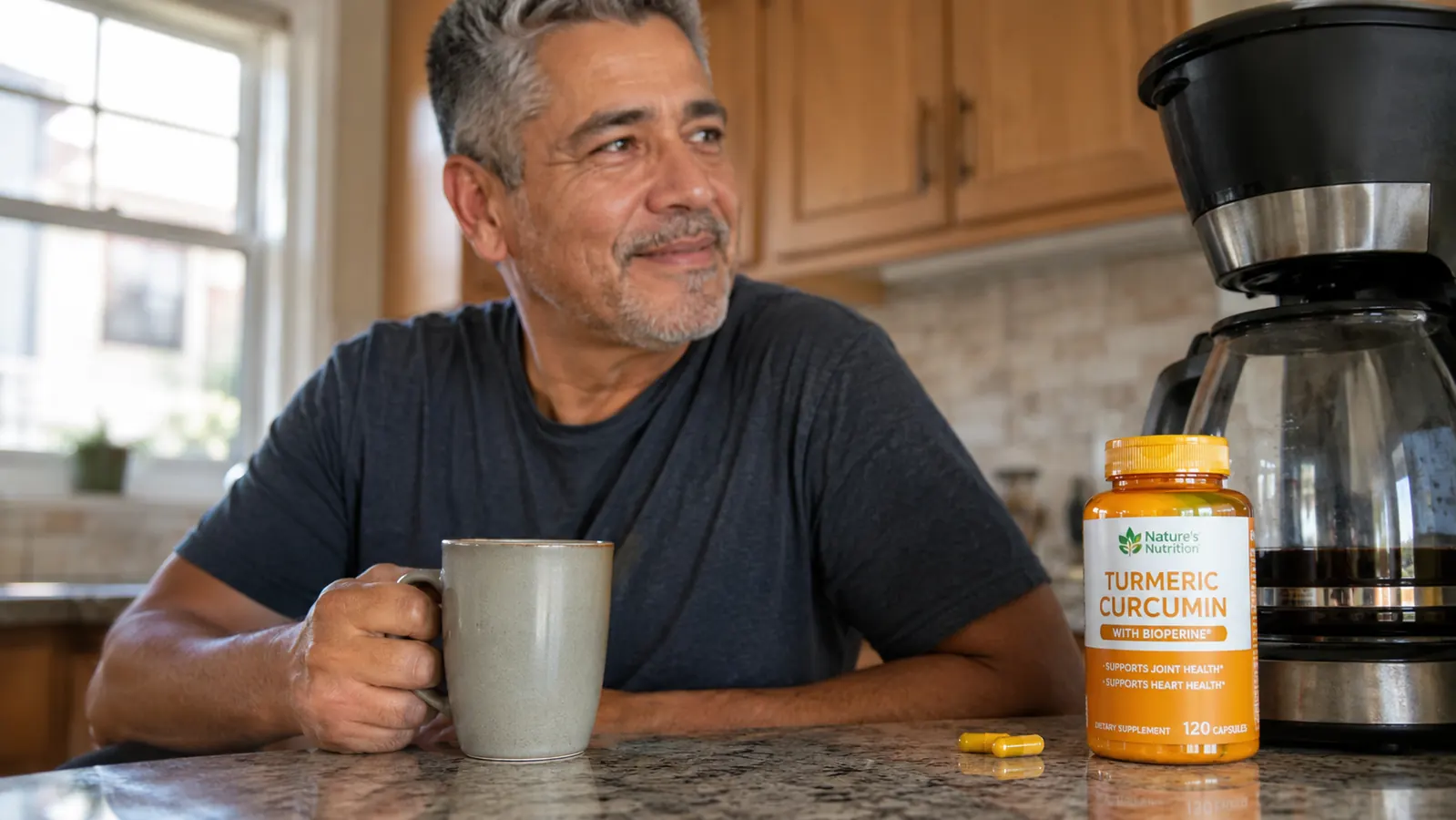 A bottle of Nature's Nutrition Turmeric Curcumin capsules sitting on a kitchen counter directly beside a coffee maker with two capsules and a mug nearby