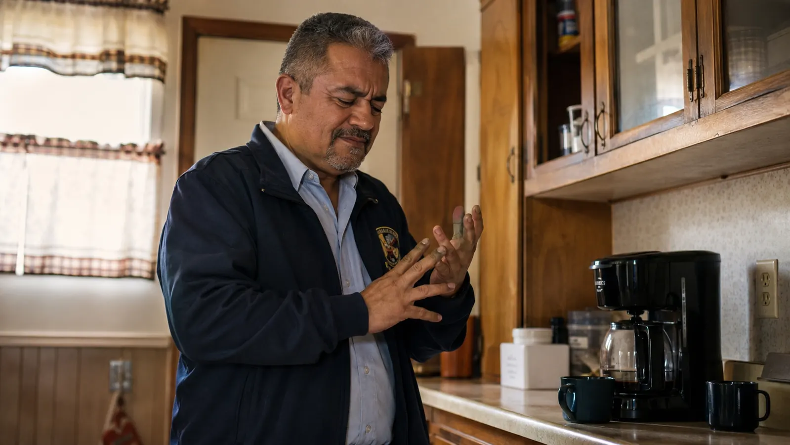 A tired 56-year-old man standing at a kitchen counter in the early morning, flexing his hand open and shut while coffee brews behind him
