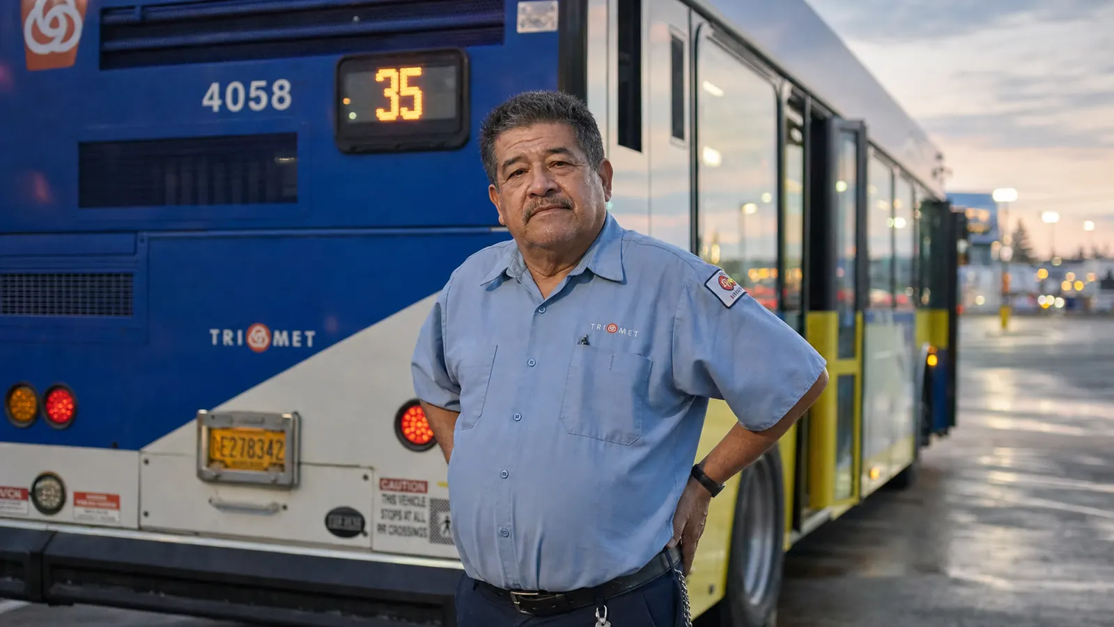 Bus operator standing beside his parked bus at the end of a shift, hand pressed to his lower back, evening light