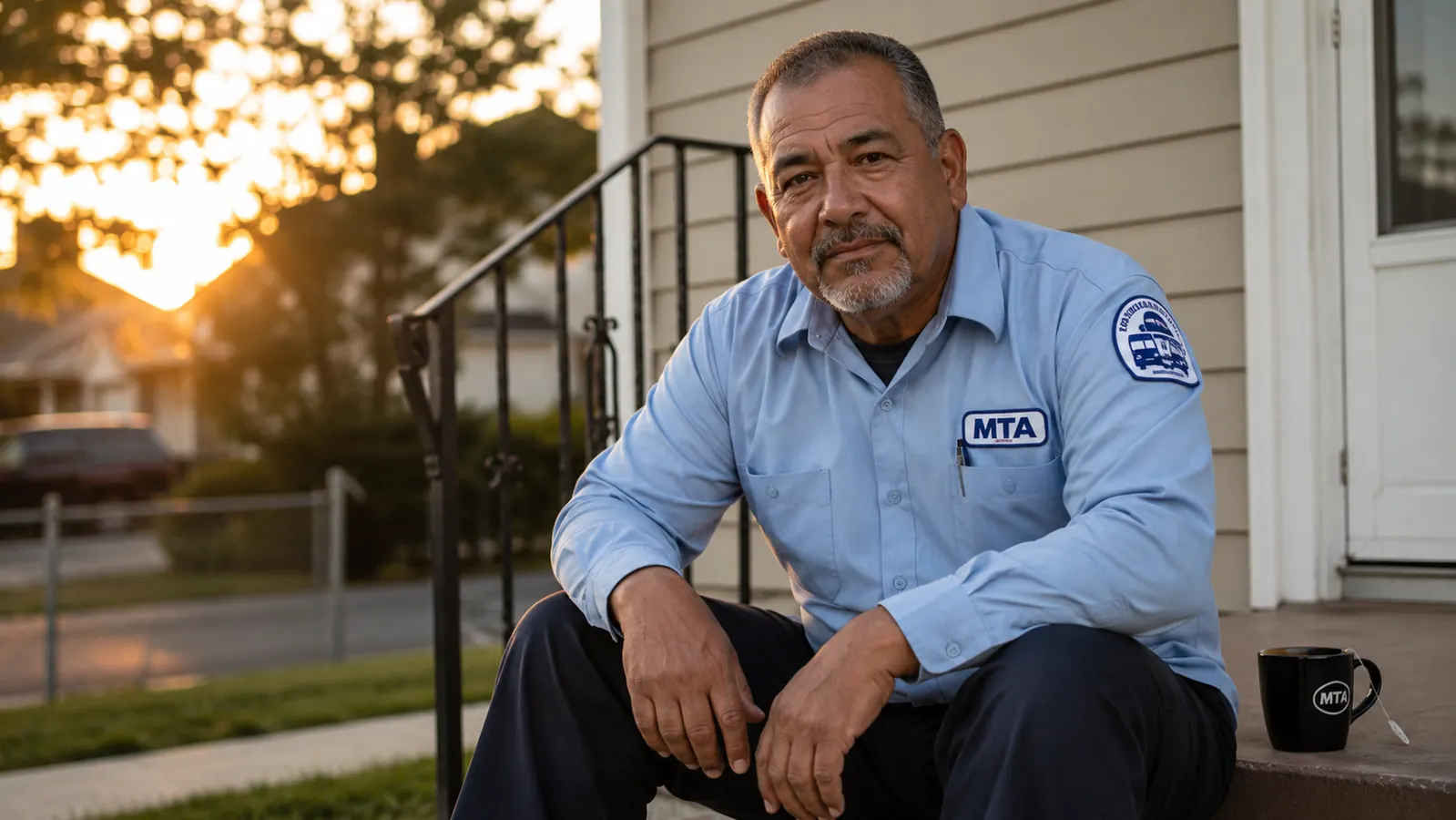 Middle-aged bus driver sitting on his porch steps in the morning, rubbing his knee before heading to work