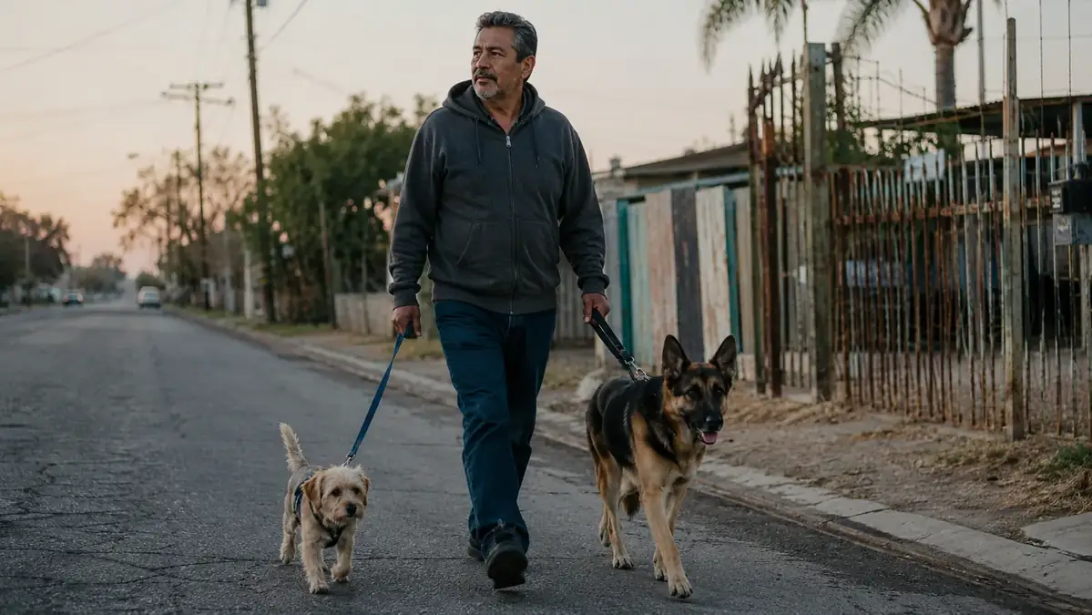 A man in his 50s walking two dogs down a quiet neighborhood sidewalk in the early morning