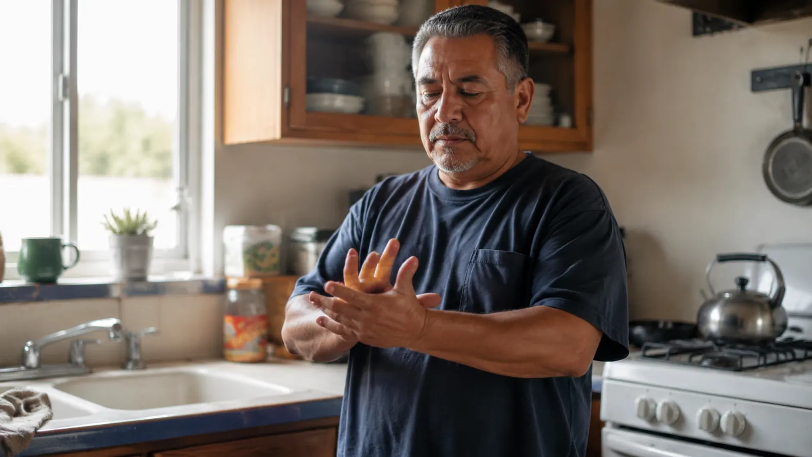 A middle-aged man in a bus driver uniform stretching his hand at his kitchen counter in the early morning, a turmeric supplement bottle nearby