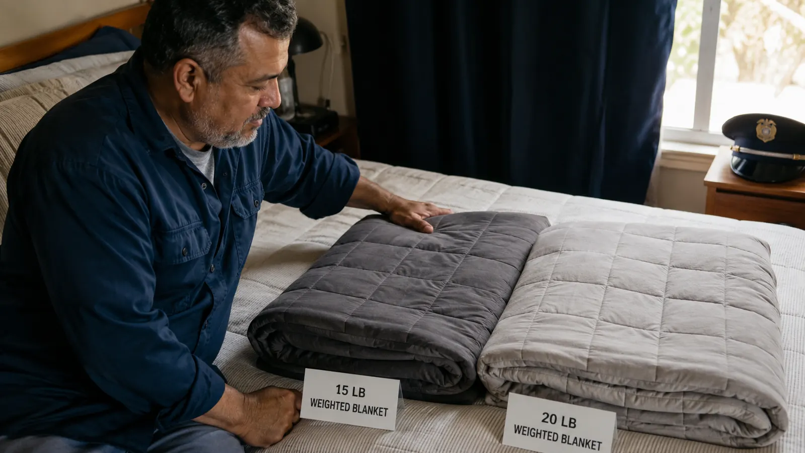 Two weighted blankets, one gray and one purple, folded side by side on a bed in soft morning light