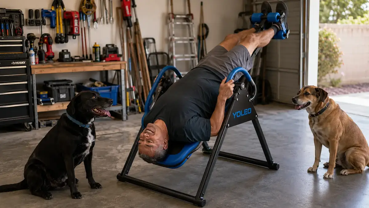 A man strapped into an inversion table, angled partway upside down in a home garage with two dogs watching nearby