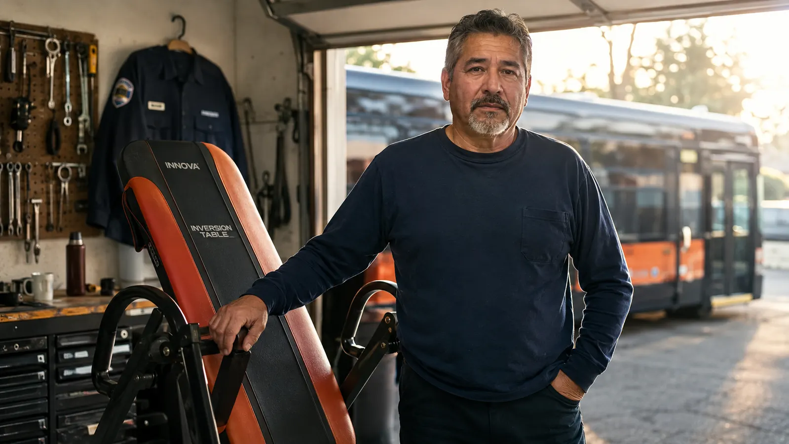 A middle-aged man standing next to an inversion table set up in a home garage, hand on the frame, morning light through the open garage door