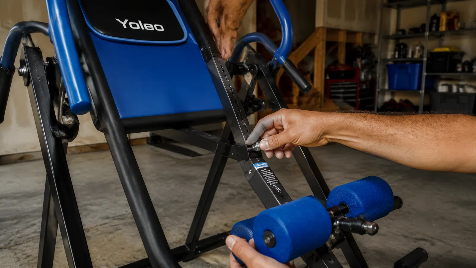 Hands checking and tightening a bolt on the ankle lock ratchet mechanism of the YOLEO inversion table with a wrench