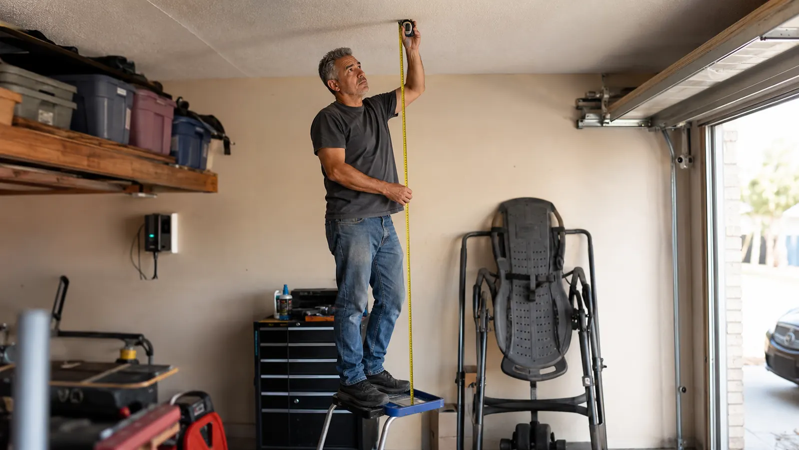 Man measuring ceiling height in a garage with a tape measure held overhead before setting up an inversion table