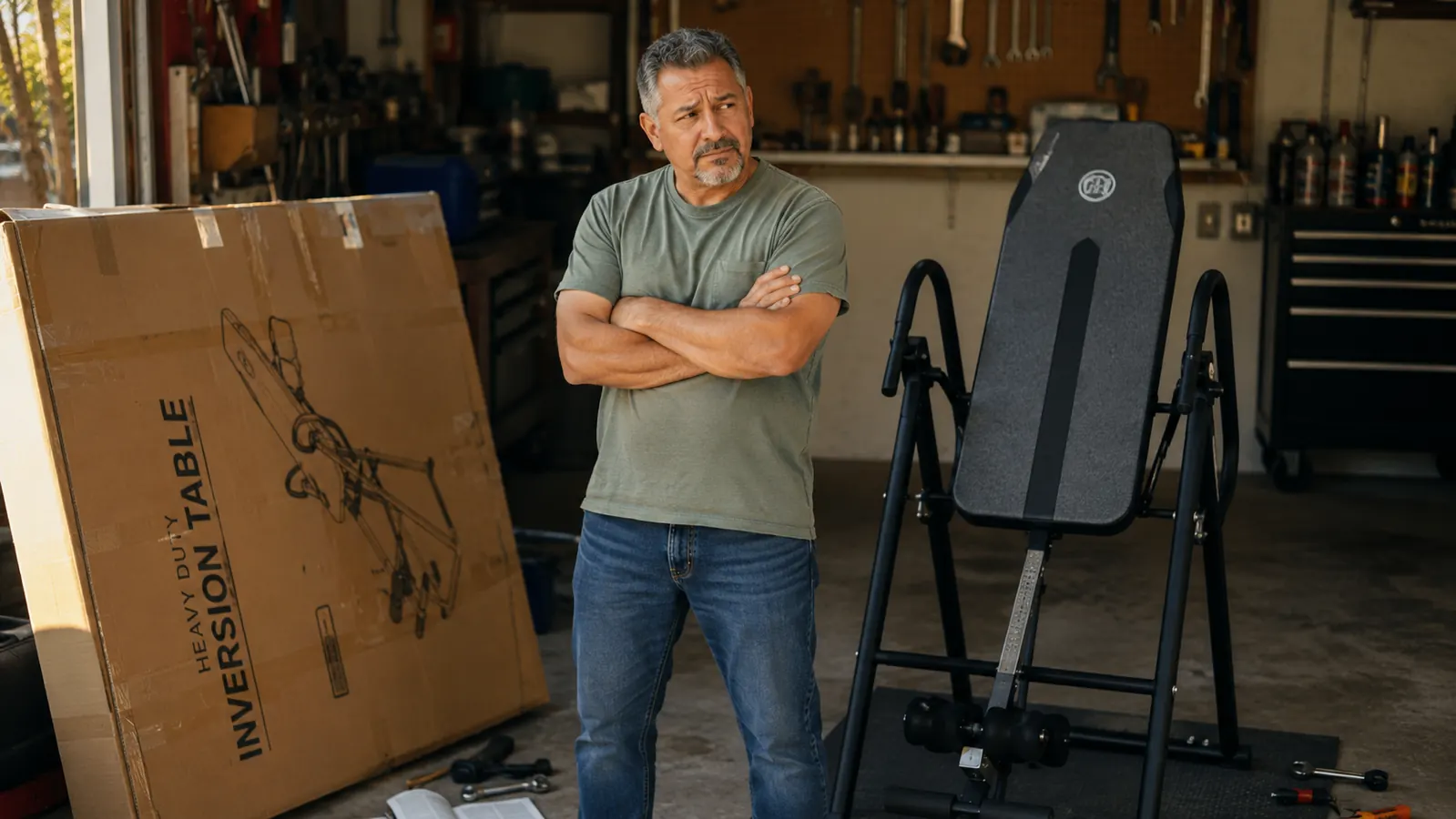 Man standing with arms crossed next to an unassembled inversion table box and the assembled orange and black frame in a garage