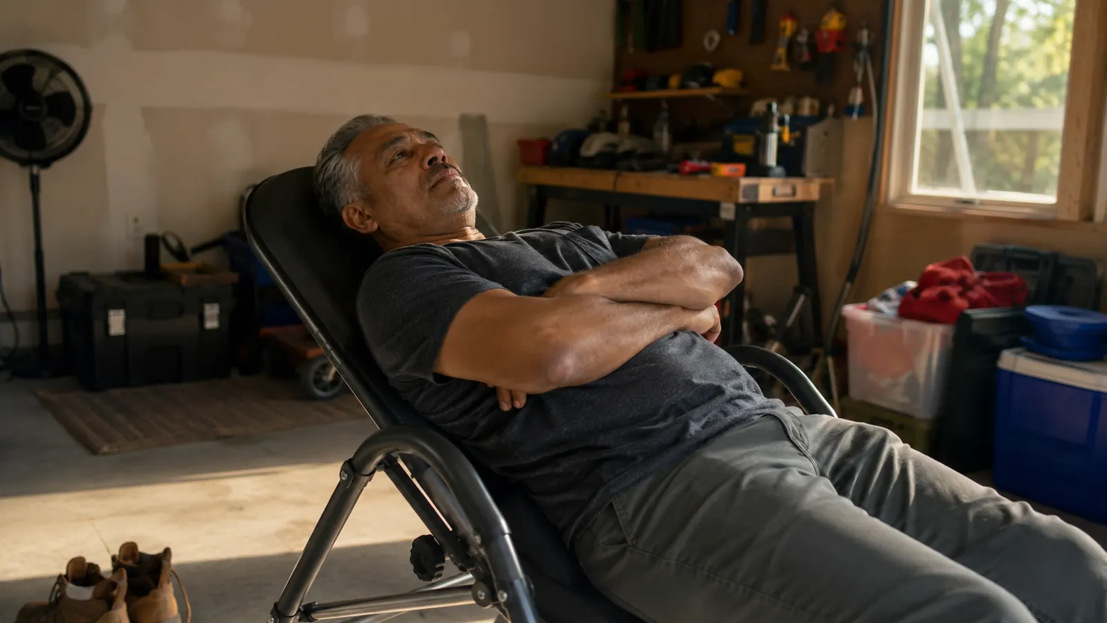Man inverted at a 45 degree angle on a black and orange inversion table in a garage gym